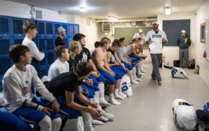 Riverside head coach Joe Imus talks strategy to his players Wednesday, Oct. 31, 2018, before they take on Kenesaw in the second round of Class D-2 playoffs.